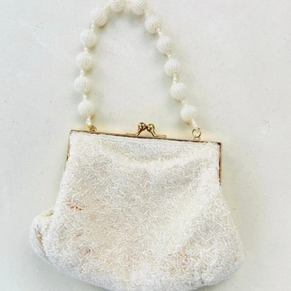 Vintage 80s Cream Beaded Satin Mini Clutch - Picture 4 of 4